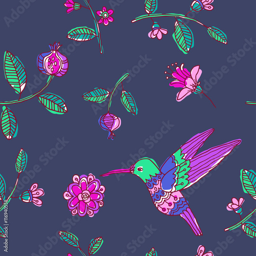 Fairy garden. vector seamless pattern with hand drawn colibri and flowers
