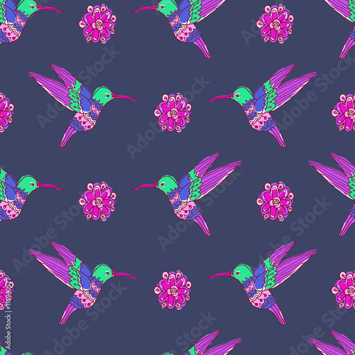 Fairy garden. vector seamless pattern with hand drawn colibri and flowers