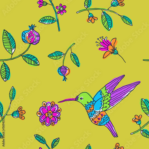 Fairy garden. vector seamless pattern with hand drawn colibri and flowers