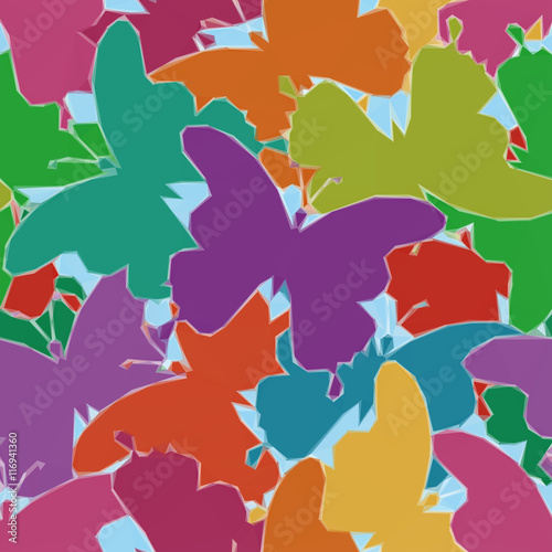 Background with Colorful Butterflies Silhouettes, Low Poly Pattern. Vector