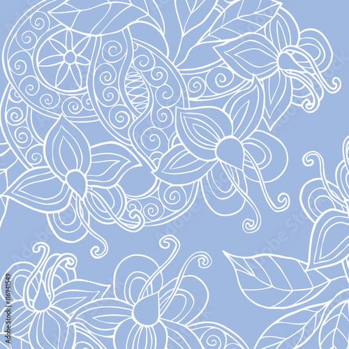 Background with hand drawn flowers, leafs and ribbon