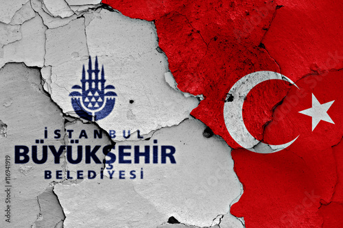 Photography flags of Istanbul and Turkey painted on cracked wall