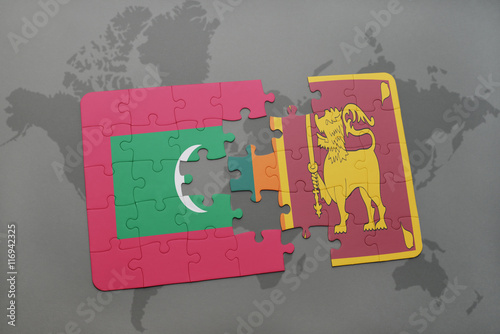 puzzle with the national flag of maldives and sri lanka on a world map background.