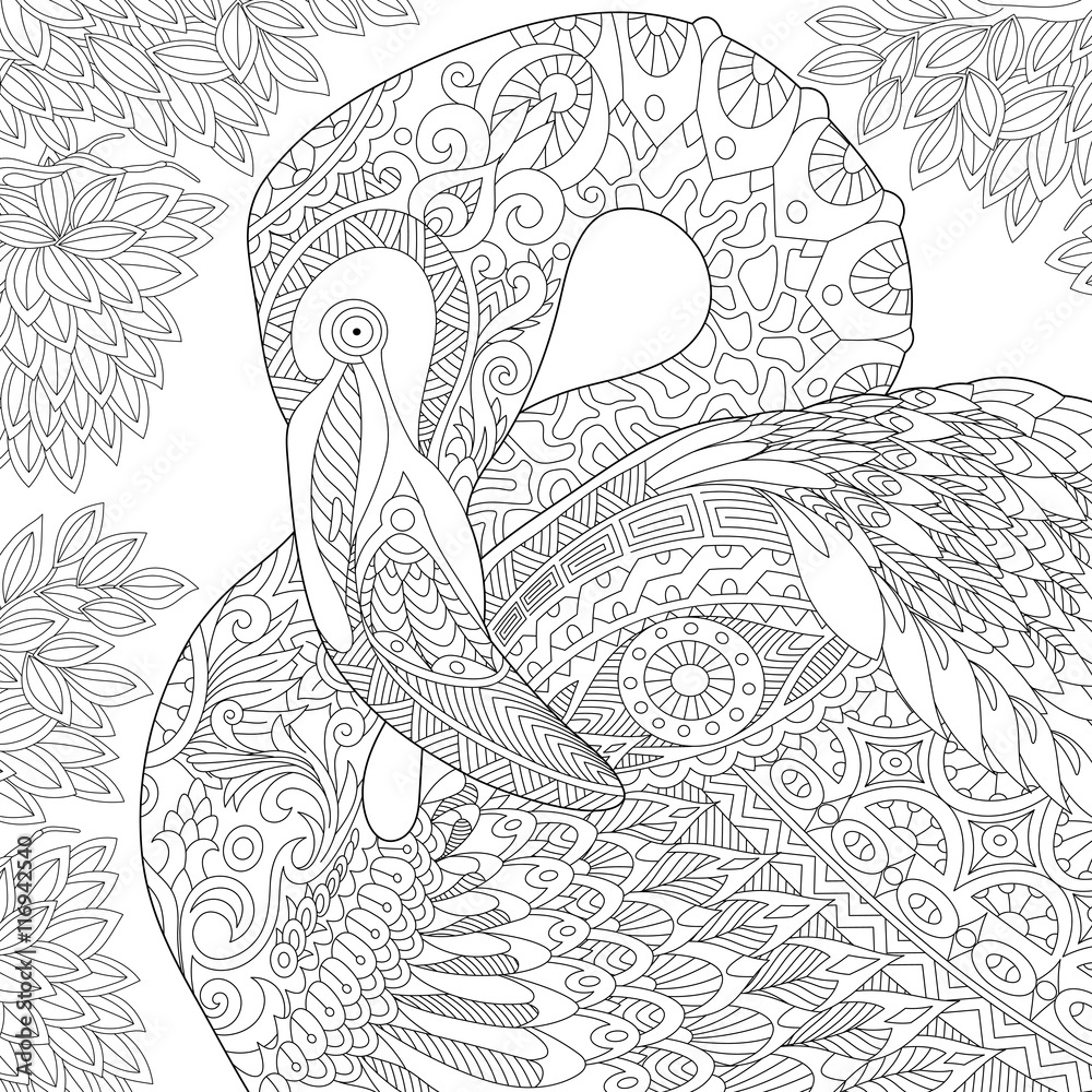 Naklejka premium Stylizowany ptak flamingo wśród liści dżungli. Szkic odręczny dla dorosłych kolorowanki antystresowe z elementami doodle i zentangle.