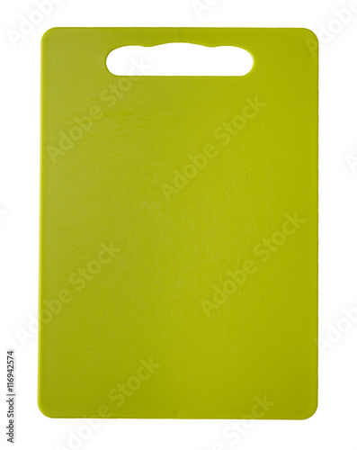 A green plastic chopping board isolated on a white background