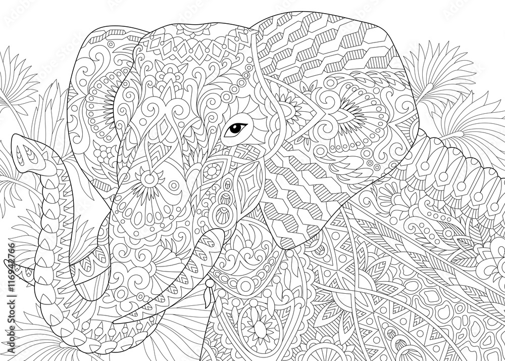 Naklejka premium Stylizowany słoń wśród liści palmy. Szkic odręczny dla dorosłych kolorowanki antystresowe z elementami doodle i zentangle.