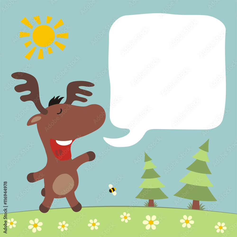 Obraz premium Cartoon moose with bobble speech. Box for your text. Funny moose in summer forest.