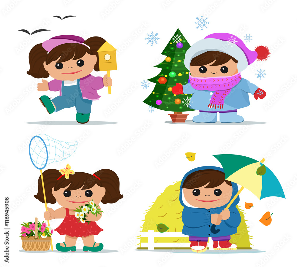 Cute little girl character during four seasons. Smiling funny girl in summer, spring, autumn and winter clothes. Flat style vector illustration. Cute little girl character during four seasons. Smiling funny girl in summer, spring, autumn and winter clothes. Flat style vector illustration.