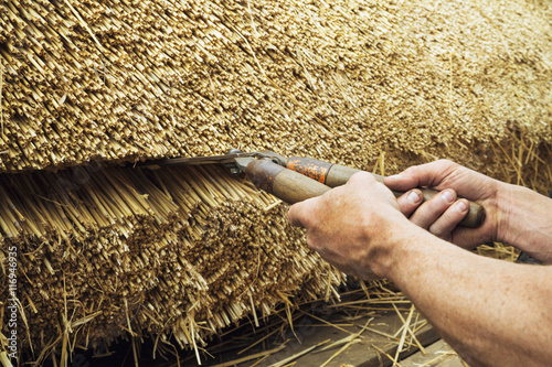 Close up of a thatcher trimming straw of a thatched roof with shears. photo