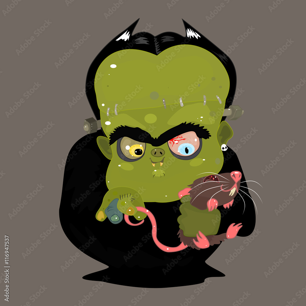 Cartoon Funny Scary Green Monster with Rat Stock Vector | Adobe Stock