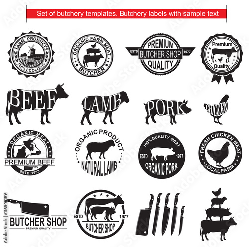 Set of butchery templates. Butchery labels with sample text