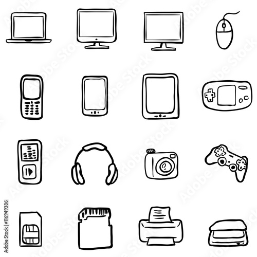 Vector Set of Black Doodle Computer Devices Icons