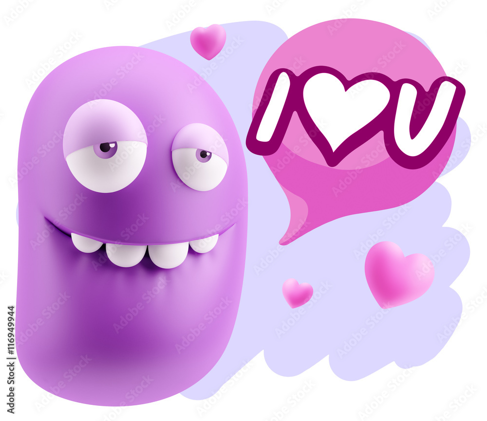 3d Rendering. Love Biting Lip Emoticon Face saying I Love U with