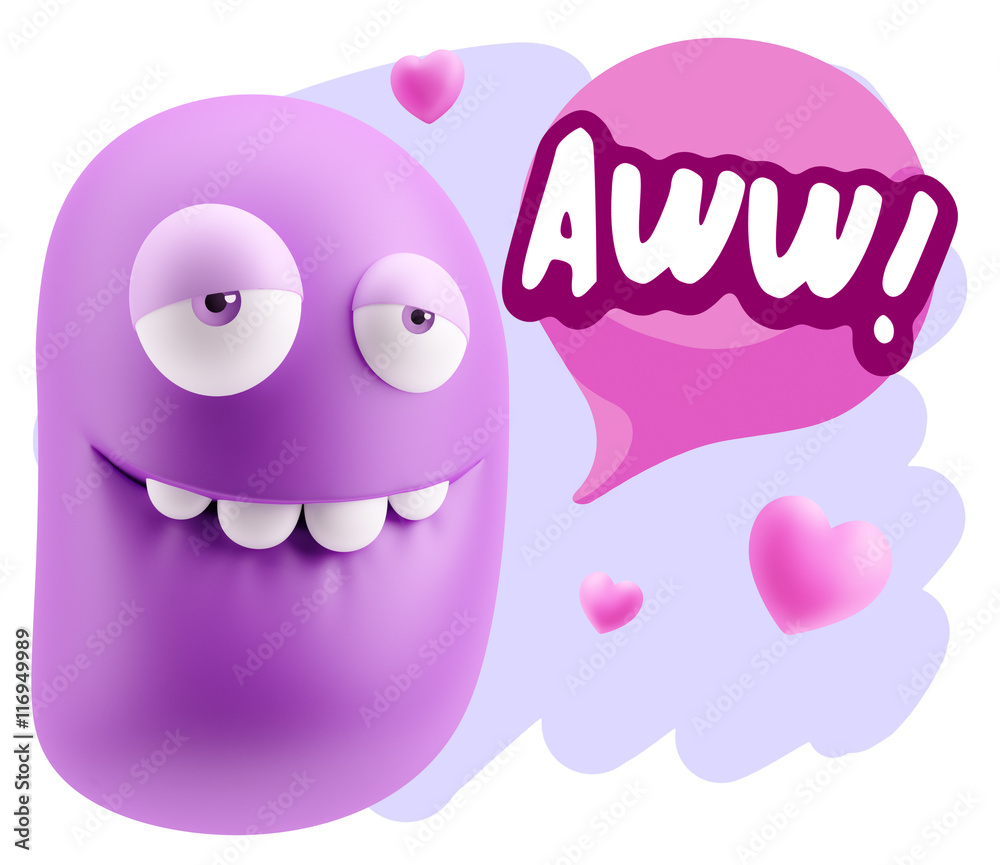 3d Rendering. Love Biting Lip Emoticon Face saying Awww with Col