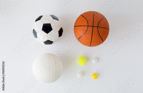 close up of different sports balls set over white