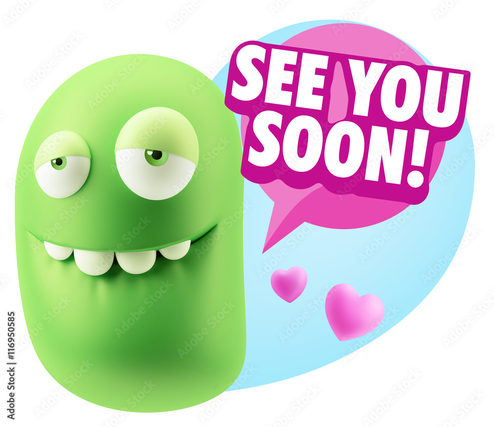 3d Rendering. Love Biting Lip Emoticon Face saying See You Soon