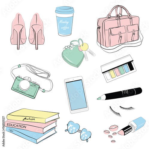 woman fashion and makeup accessorie set. Instagram sticker or design element for fashion beauty make up content. Illustration of lipstick, bag, cosmetics, heel shoe, coffee, books, camera, sunglasses.