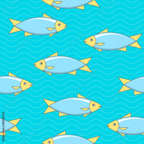 Seamless pattern with fishes on blue stripes background. Design elements for printables, wallpaper, scrapbooking, fabric print.