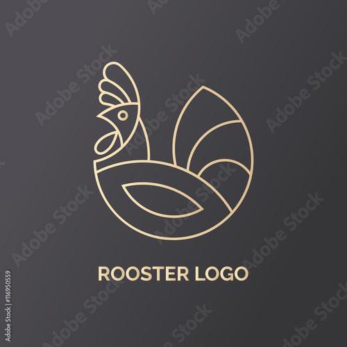 Rooster logo design vector template. Label for natural farm products. Gold logotype on black background. Vector illustration in line style.