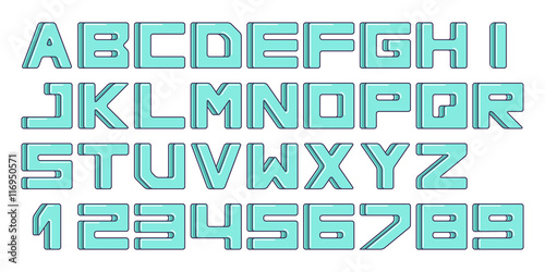 Square font, letters and numbers. Vector illustration.