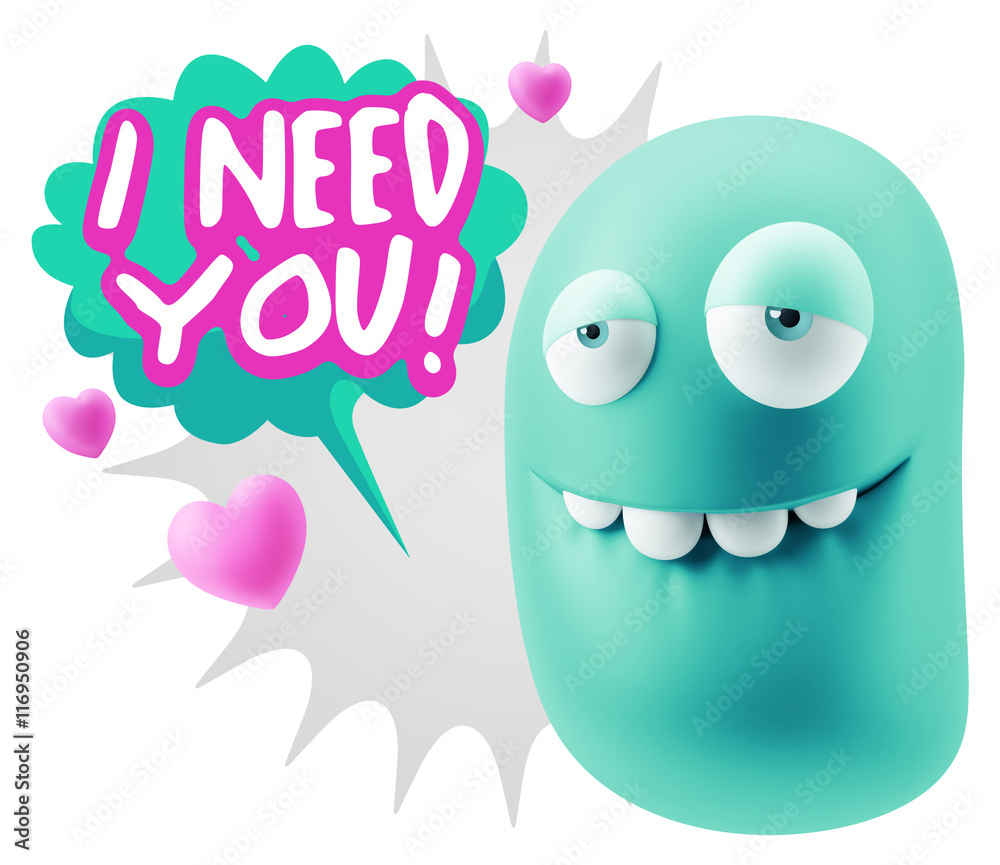 3d Rendering. Love Biting Lip Emoticon Face saying I Need You wi 3d Rendering. Love Biting Lip Emoticon Face saying I Need You wi