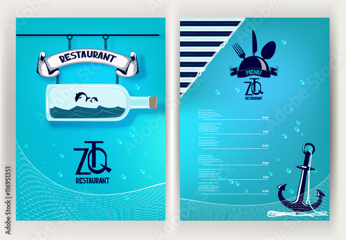 Restaurant menu concept with marine design elements. seafood restaurant.