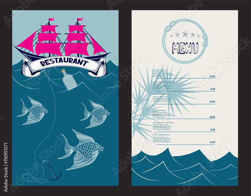 Seafood restaurant menu background with marine design elements.  Vector illustration. Flat design