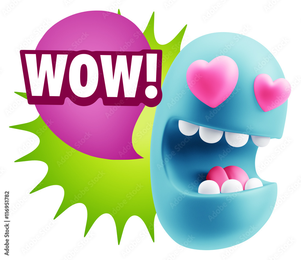 3d Rendering. Emoji in love with heart eyes saying Wow with Colo 3d Rendering. Emoji in love with heart eyes saying Wow with Colo