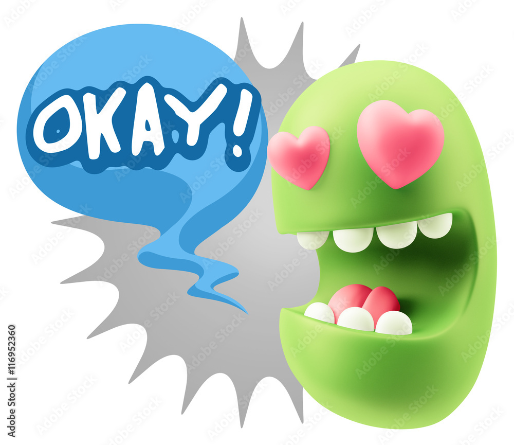 3d Rendering. Emoji in love with heart eyes saying Okay with Col