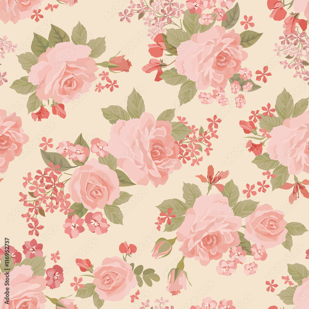 Floral bouquet seamless pattern. Flower rose background. Flourish gentle wallpaper