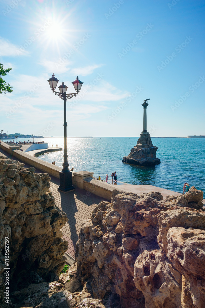 Monument to the scuttled ships on a bright Sunny day.