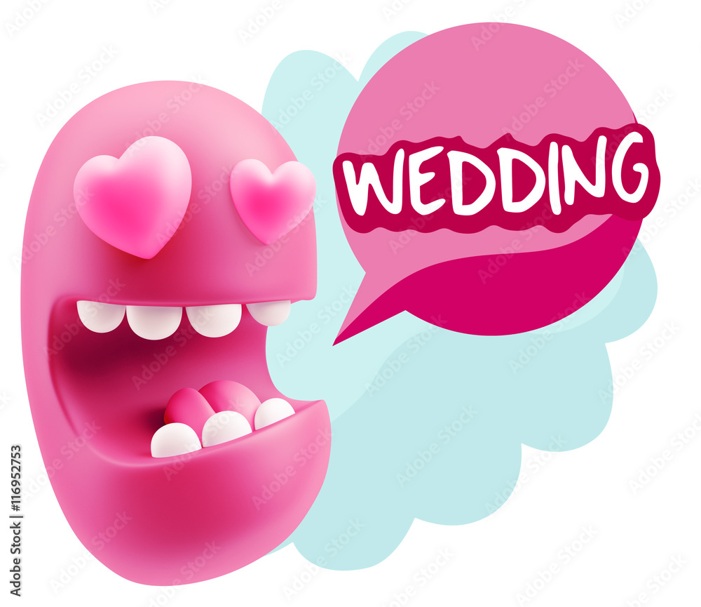 3d Rendering. Emoji in love with heart eyes saying Wedding with 3d Rendering. Emoji in love with heart eyes saying Wedding with