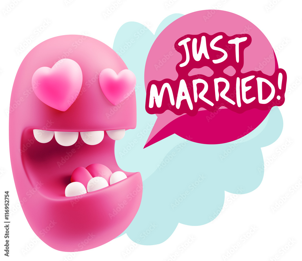 3d Rendering. Emoji in love with heart eyes saying Just Married