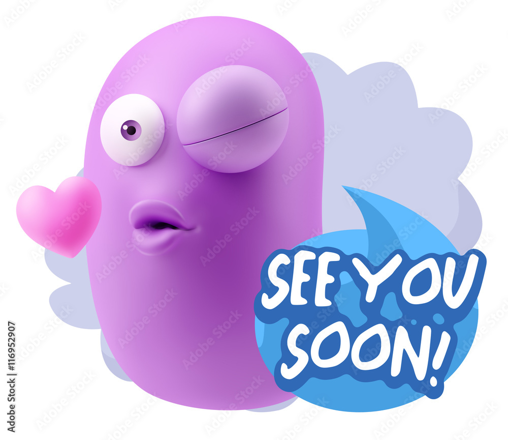 3d Rendering. Kiss Emoticon Face saying See You Soon with Colorf 3d Rendering. Kiss Emoticon Face saying See You Soon with Colorf