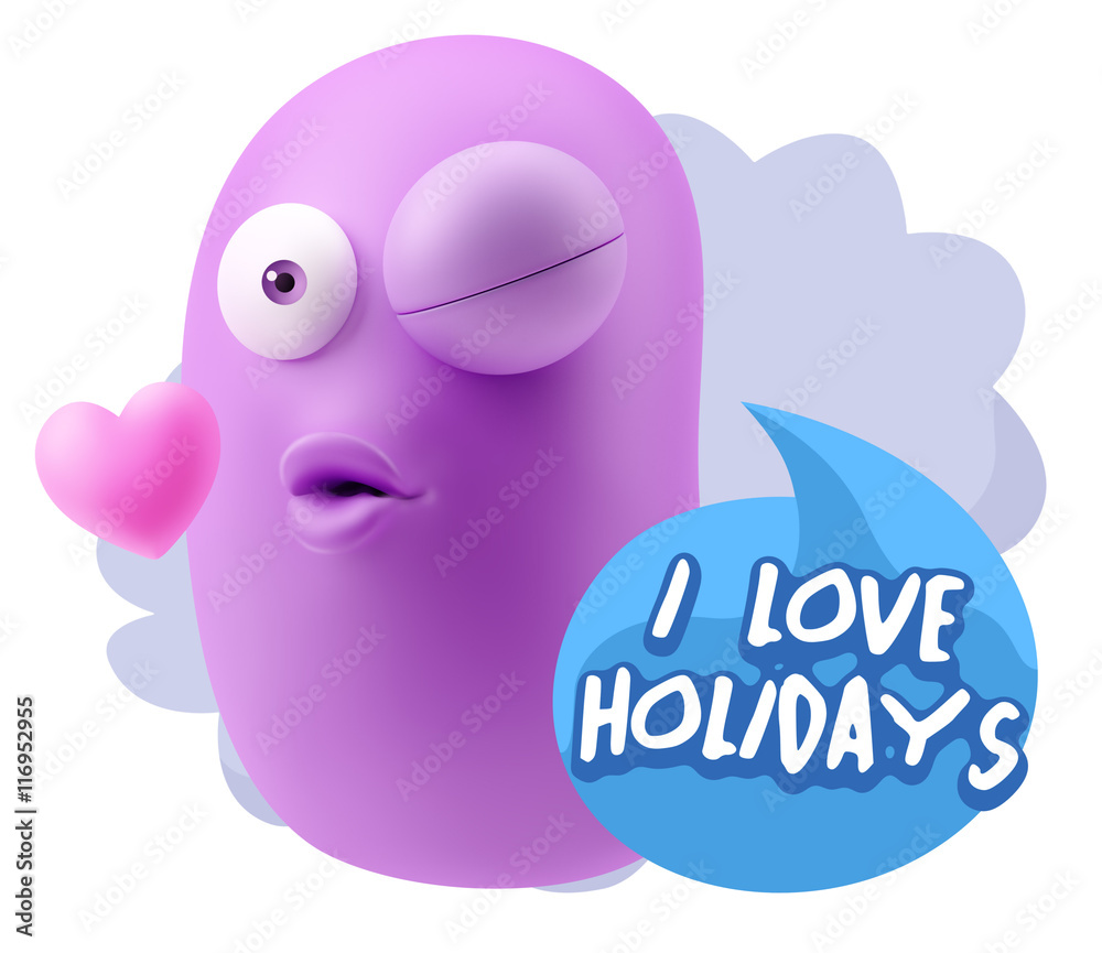 3d Rendering. Kiss Emoticon Face saying I Love Holidays with Col 3d Rendering. Kiss Emoticon Face saying I Love Holidays with Col