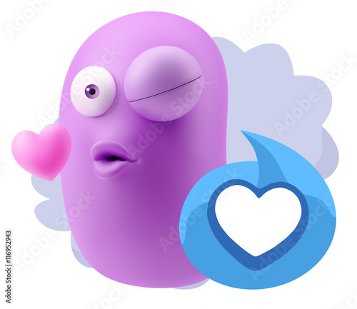 3d Rendering. Kiss Emoticon Face saying Love with a Heart Shape