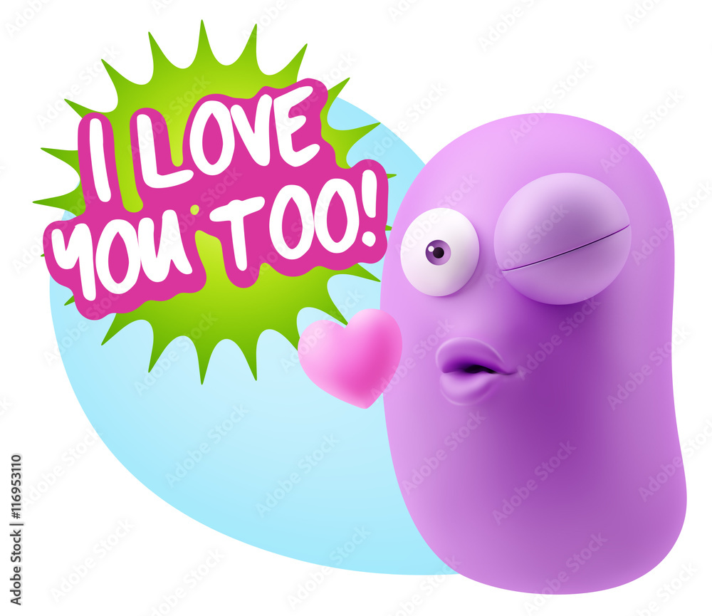 3d Rendering. Kiss Emoticon Face saying I Love You Too with Colo