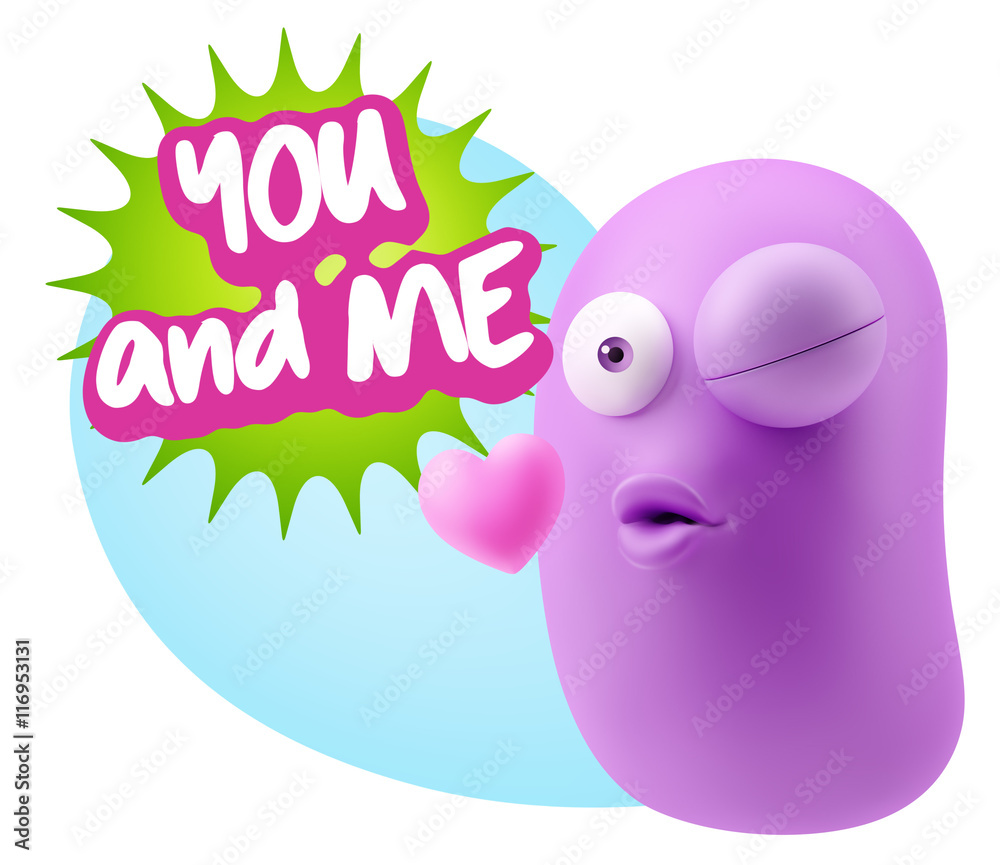 3d Rendering. Kiss Emoticon Face saying You And Me with Colorful 3d Rendering. Kiss Emoticon Face saying You And Me with Colorful