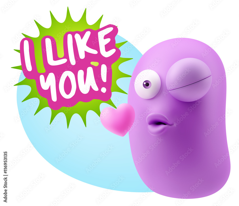 3d Rendering. Kiss Emoticon Face saying I Like You with Colorful 3d Rendering. Kiss Emoticon Face saying I Like You with Colorful