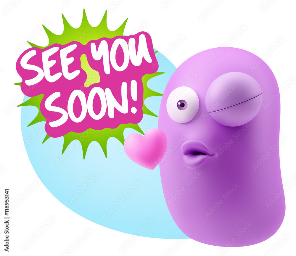 3d Rendering. Kiss Emoticon Face saying See You Soon with Colorf 3d Rendering. Kiss Emoticon Face saying See You Soon with Colorf