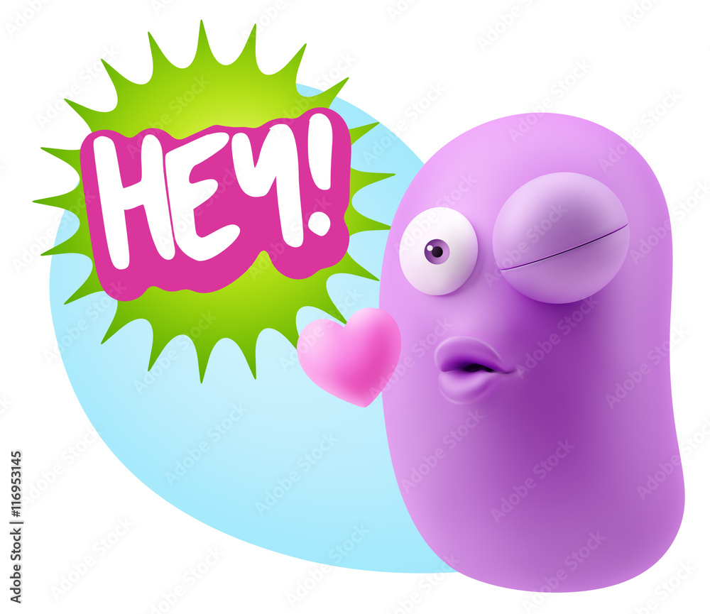 3d Rendering. Kiss Emoticon Face saying Hey with Colorful Speech