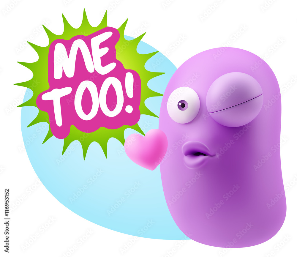 3d Rendering. Kiss Emoticon Face saying Me Too with Colorful Spe