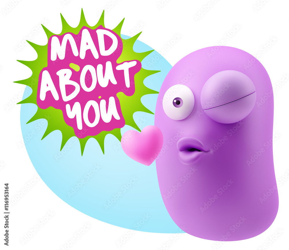 3d Rendering. Kiss Emoticon Face saying Mad About You with Color 3d Rendering. Kiss Emoticon Face saying Mad About You with Color