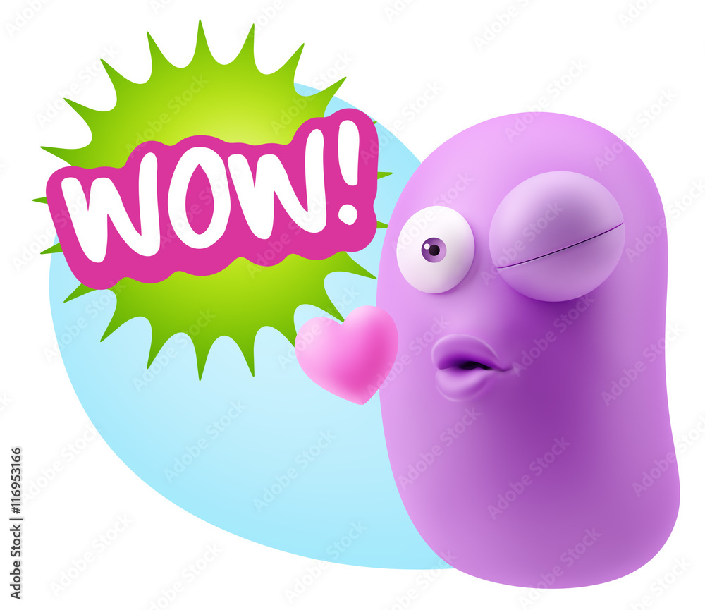 3d Rendering. Kiss Emoticon Face saying Wow with Colorful Speech 3d Rendering. Kiss Emoticon Face saying Wow with Colorful Speech