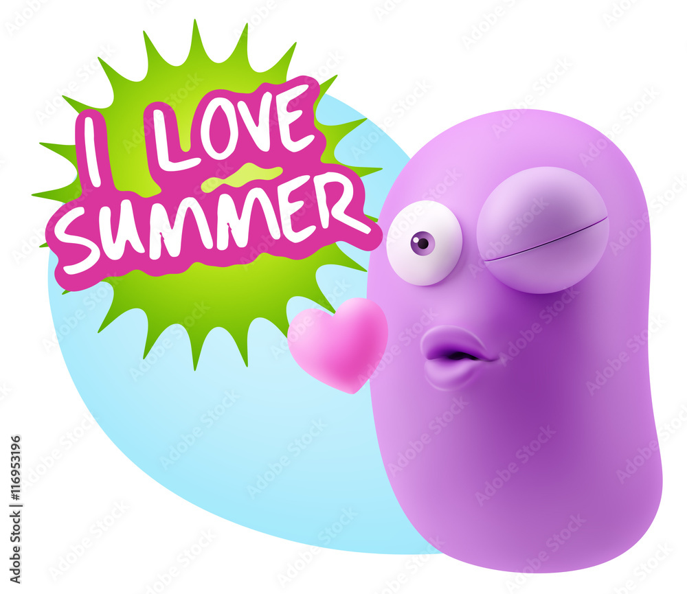 3d Rendering. Kiss Emoticon Face saying I Love Summer with Color 3d Rendering. Kiss Emoticon Face saying I Love Summer with Color