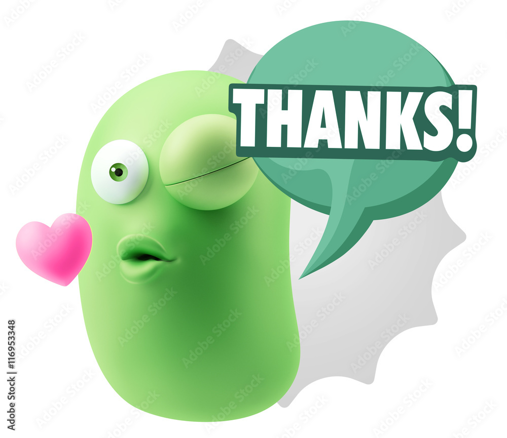 3d Rendering. Kiss Emoticon Face saying Thanks with Colorful Spe