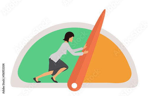 Benchmarking concept illustration. Woman and Speedometer, manometer or general indicators with needles, vector