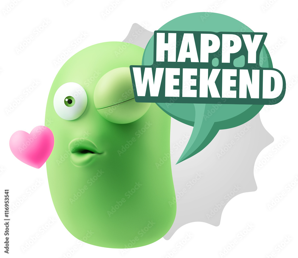 3d Rendering. Kiss Emoticon Face saying Happy Weekend with Color 3d Rendering. Kiss Emoticon Face saying Happy Weekend with Color