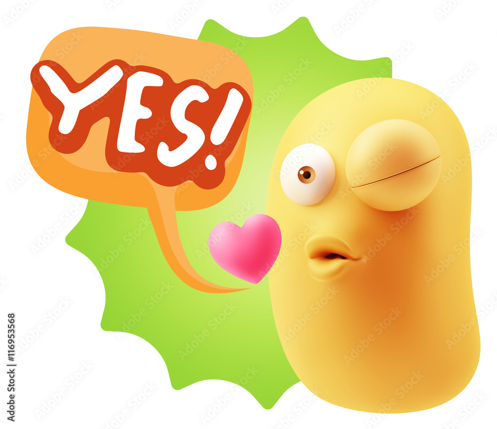 3d Rendering. Kiss Emoticon Face saying Yes with Colorful Speech 3d Rendering. Kiss Emoticon Face saying Yes with Colorful Speech