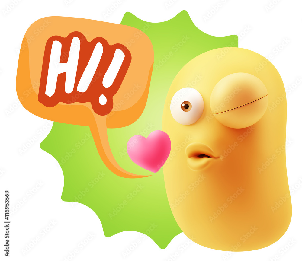 3d Rendering. Kiss Emoticon Face saying Hi with Colorful Speech 3d Rendering. Kiss Emoticon Face saying Hi with Colorful Speech